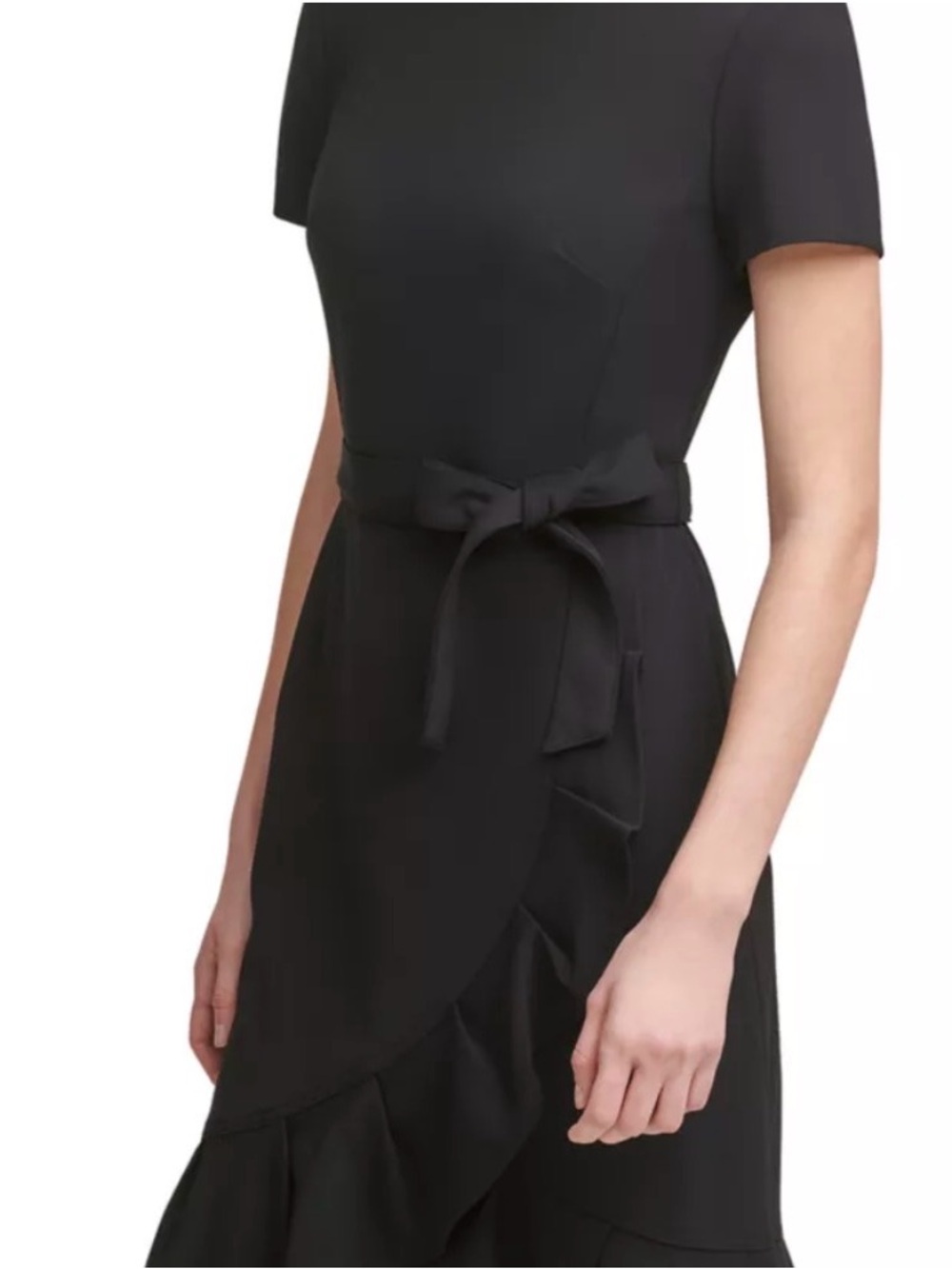 Calvin Klein Elegant Navy Short-Sleeve Belted Ruffle Dress